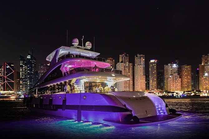 Dubai Harbour Super Yacht Experience with gourmet & Drinks - Ain Dubai and the Bluewaters skyline